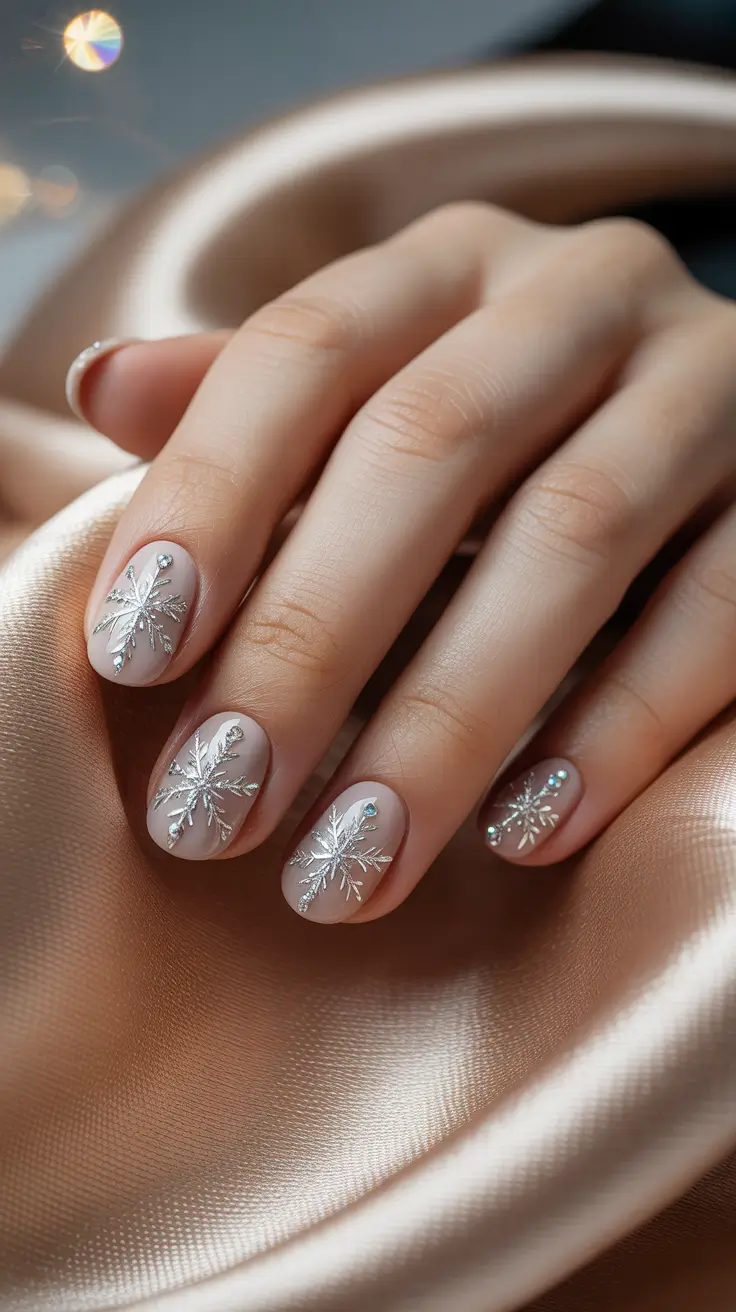 Snowflake Nail Designs for Winter 2025-2026 Champagne Snow Glow
