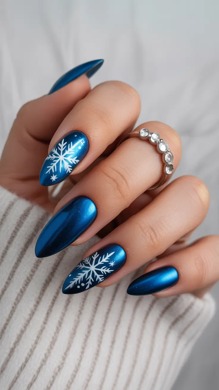 Snowflake Nail Designs for Winter 2025-2026 Metallic Midnight Elegance