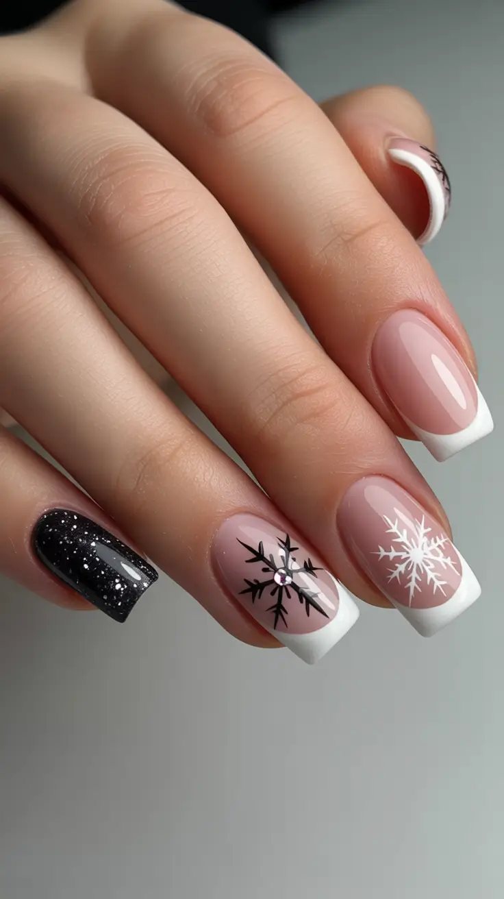 Snowflake Nail Designs for Winter 2025-2026 Black & White Frost French
