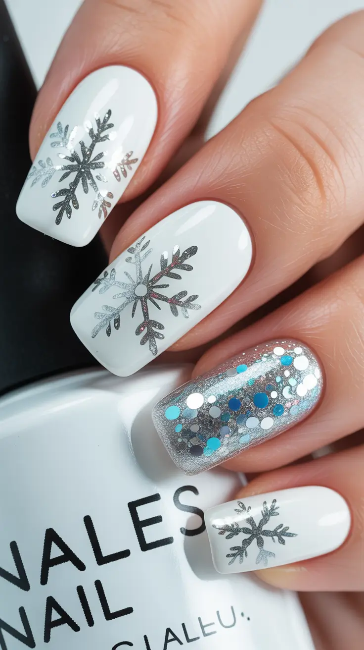 Snowflake Nail Designs for Winter 2025-2026 Silver Frost & Ice Confetti