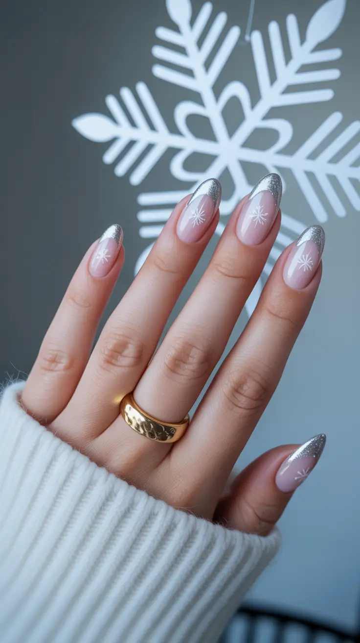 Snowflake Nail Designs for Winter 2025-2026 Silver-Tipped Snow Kiss
