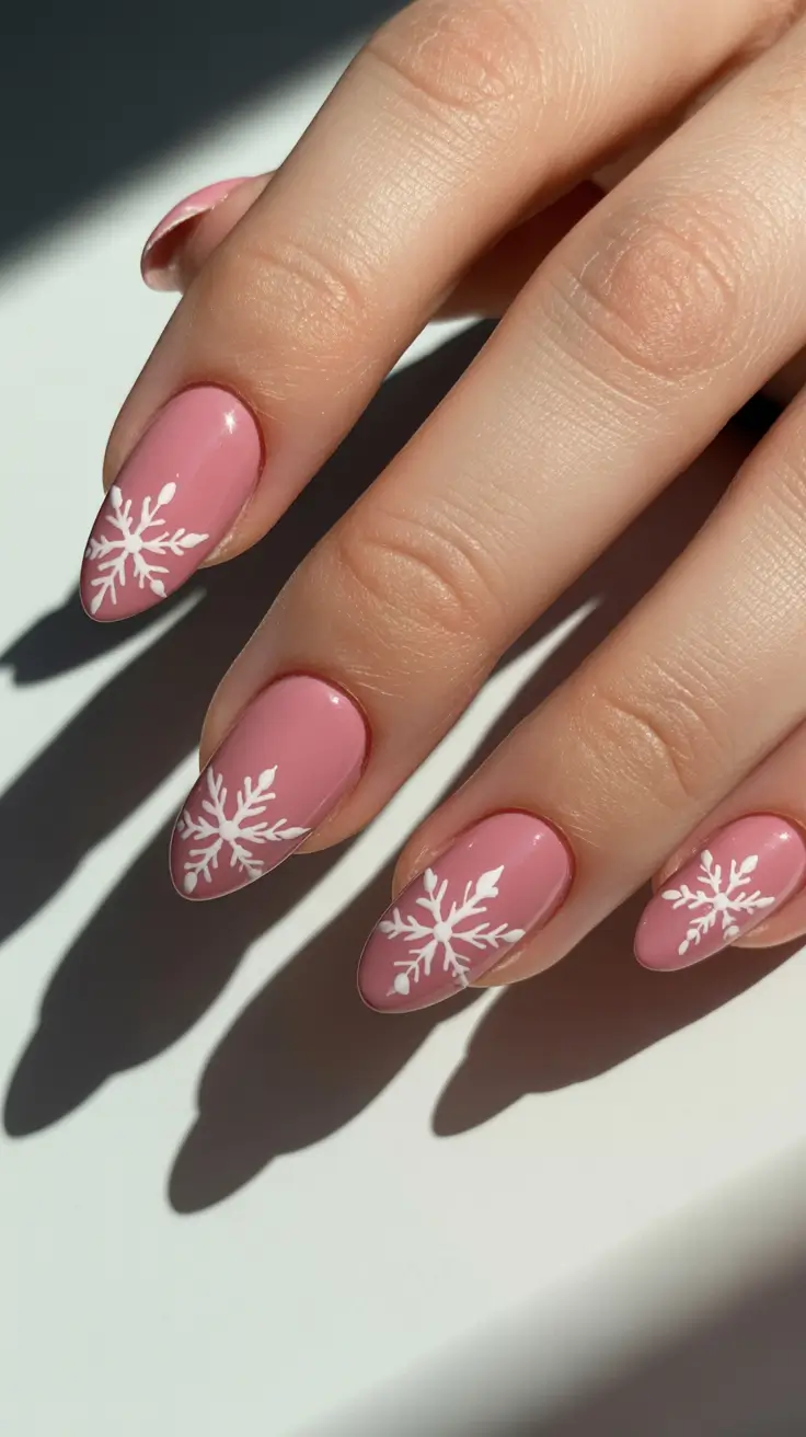 Snowflake Nail Designs for Winter 2025-2026 Frosted Rose Glow