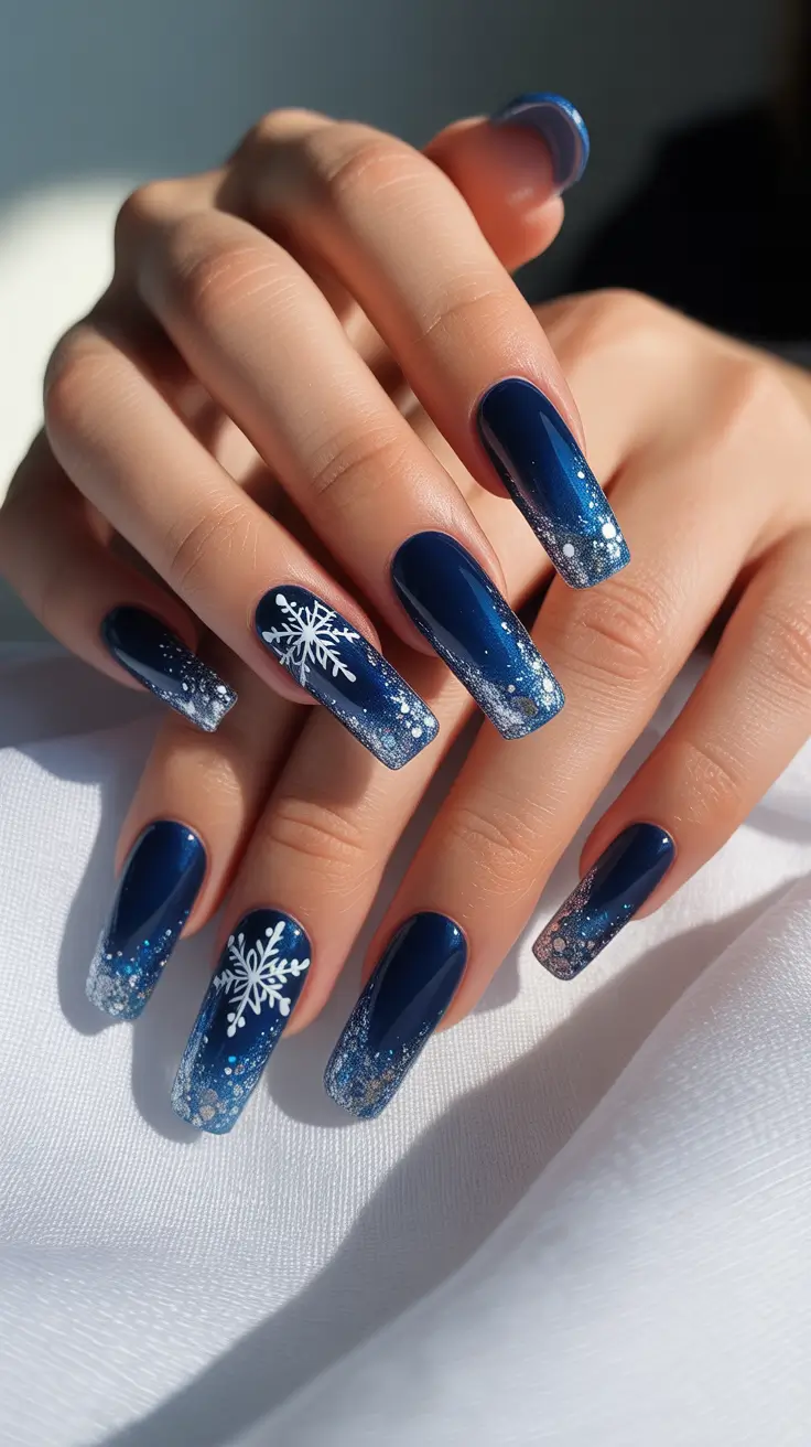 Snowflake Nail Designs for Winter 2025-2026 Deep Blue Blizzard