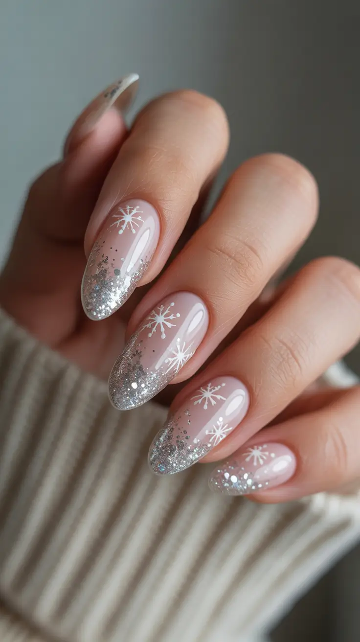Snowflake Nail Designs for Winter 2025-2026 Frosted Sparkle and Silver Snowfall
