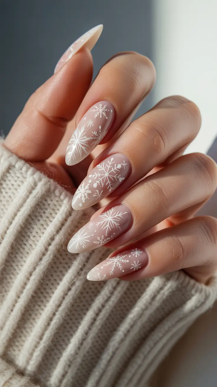 Snowflake Nail Designs for Winter 2025-2026 Matte Nude Elegance with White Flakes