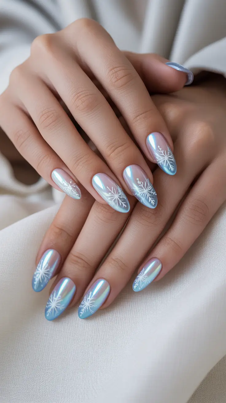 Snowflake Nail Designs for Winter 2025-2026 Blue Pearl Illusion