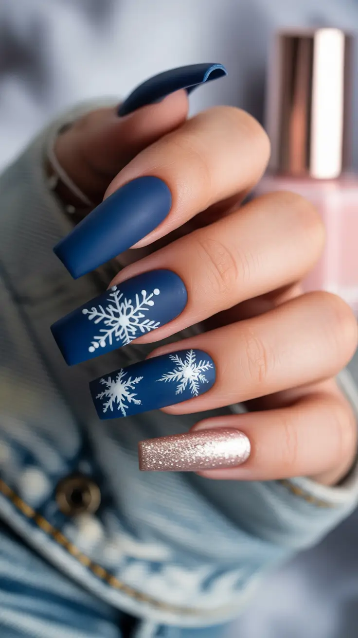 Snowflake Nail Designs for Winter 2025-2026 Midnight Matte Snowfall