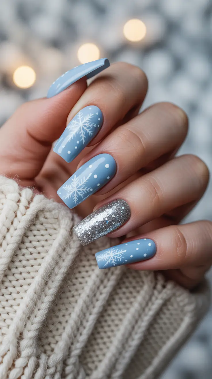 Snowflake Nail Designs for Winter 2025-2026 Glacial Blue Spark
