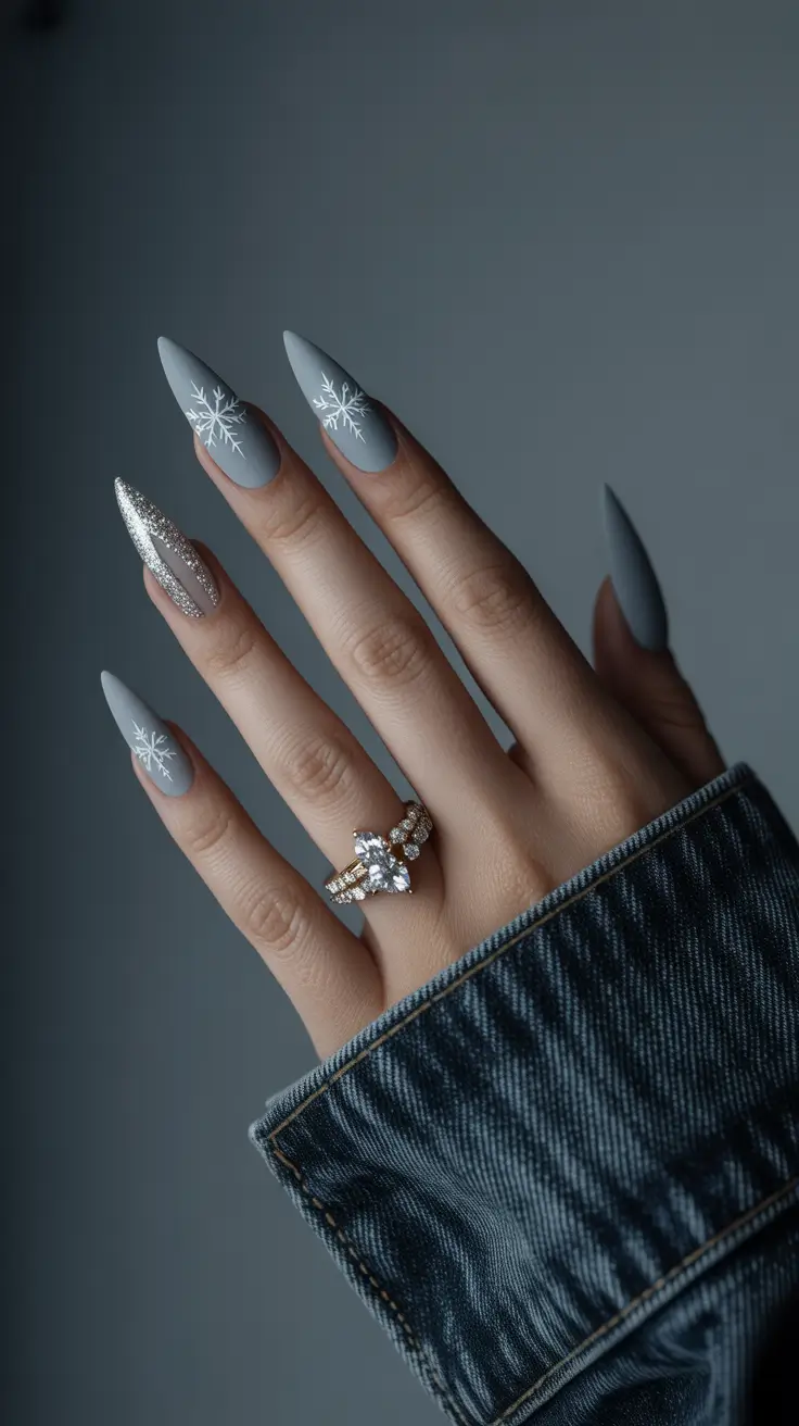 Snowflake Nail Designs for Winter 2025-2026 Frosted Grey Glam