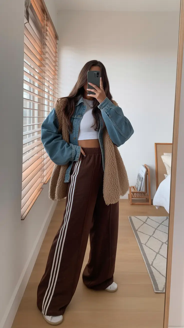 sweatpants outfits 2026 Layered Warmth With a Twist