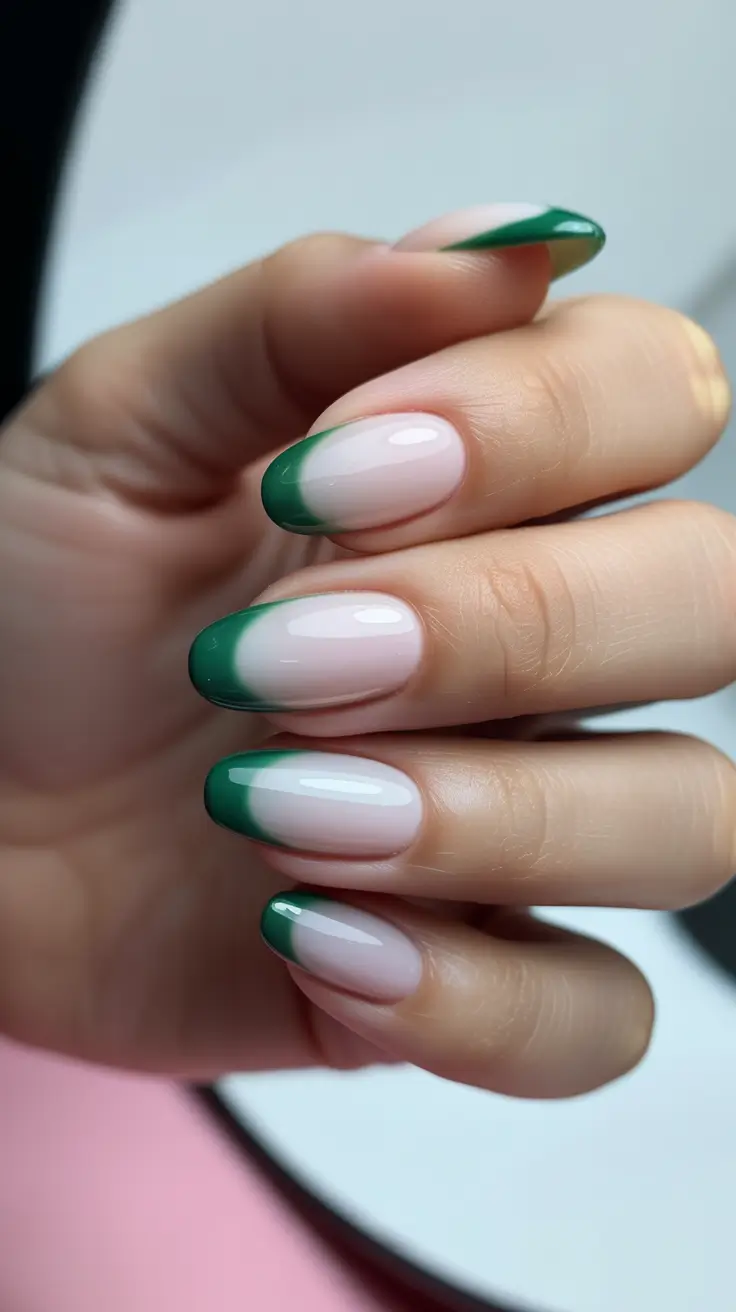 Trendy Acrylic Christmas Nails 2025 Emerald French Fade