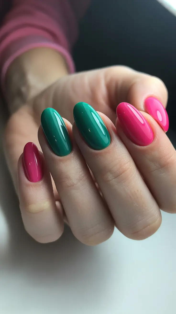 Trendy Acrylic Christmas Nails 2025 Pink Meets Green Holiday Pop