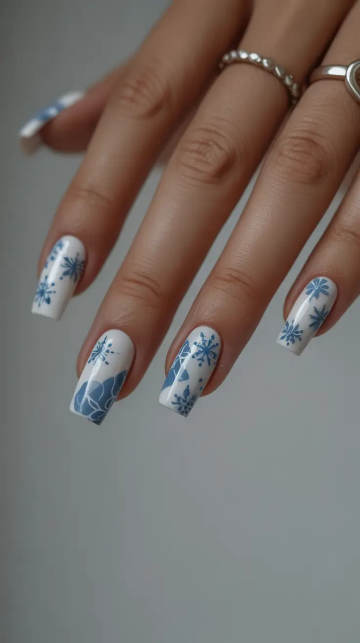 Trendy Acrylic Christmas Nails 2025 Porcelain Blue Snowflakes