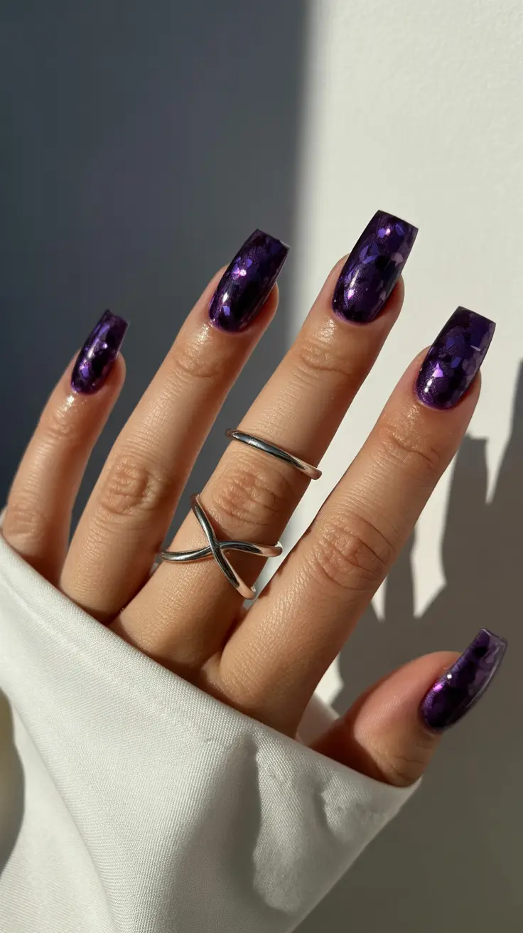 Trendy Acrylic Christmas Nails 2025 Midnight Amethyst Shine