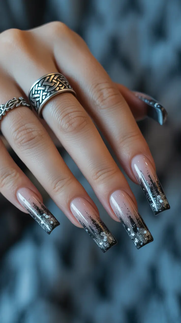 Trendy Acrylic Christmas Nails 2025 Midnight Glitter Fade