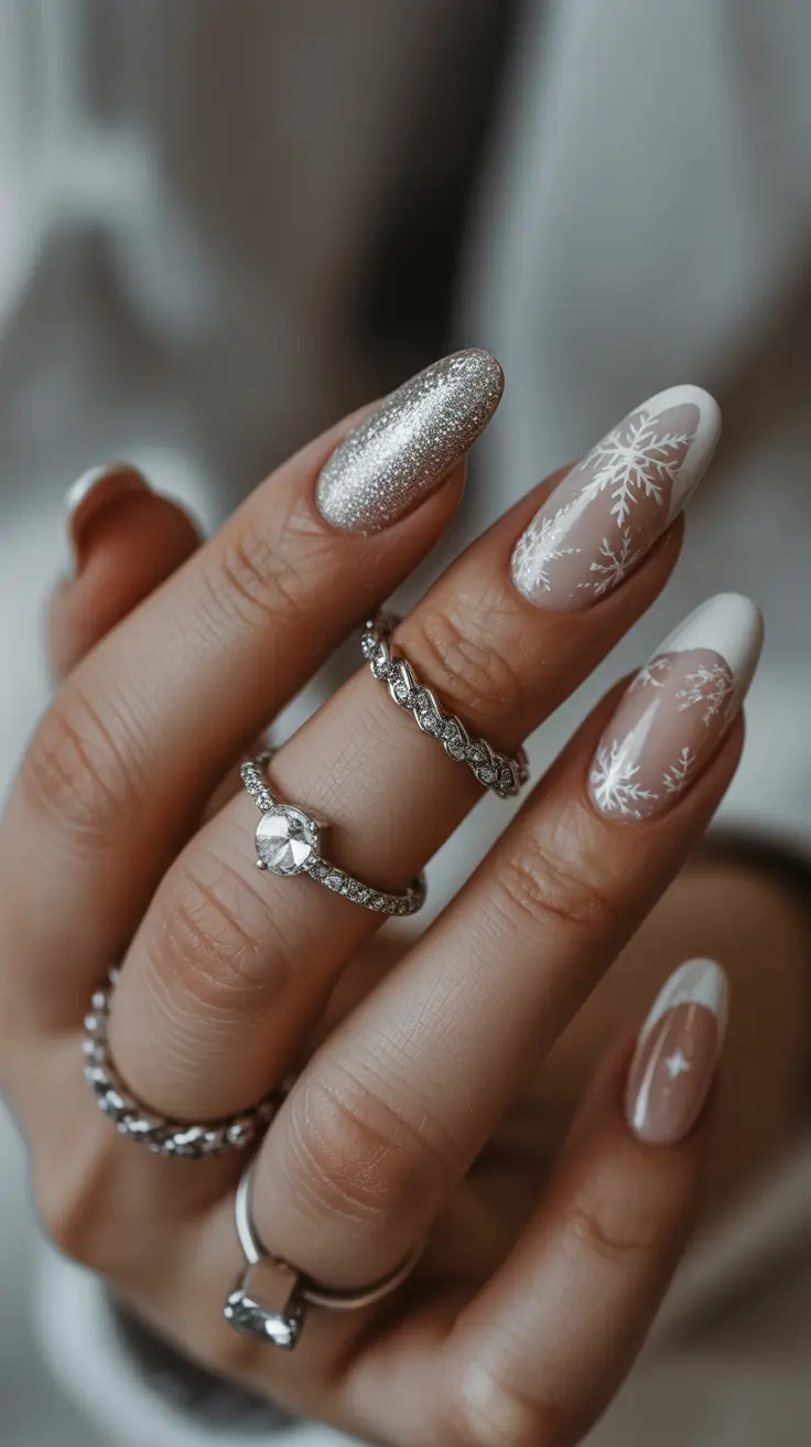 Trendy Acrylic Christmas Nails 2025 Frosted Snowflake French
