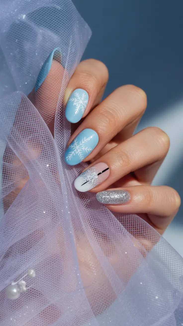 Trendy Acrylic Christmas Nails 2025 Blue Ice Wonderland
