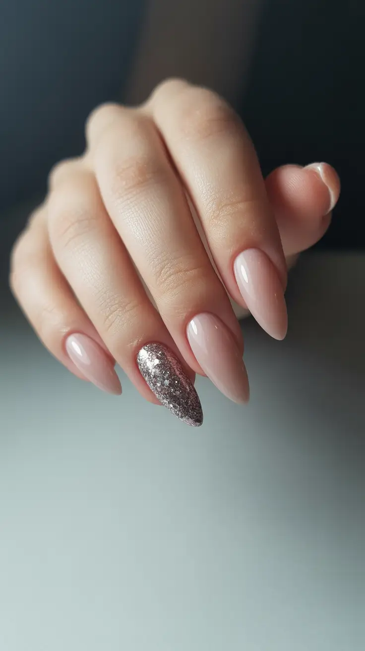 Trendy Acrylic Christmas Nails 2025 Soft Nude Glow with a Hint of Sparkle
