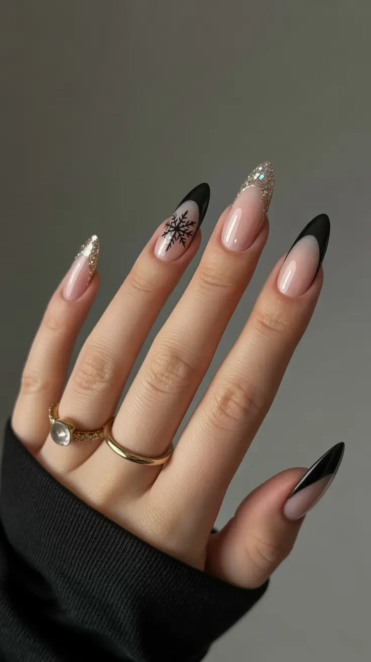 Trendy Black Nail Ideas for Christmas 2025 Frosted French Drama