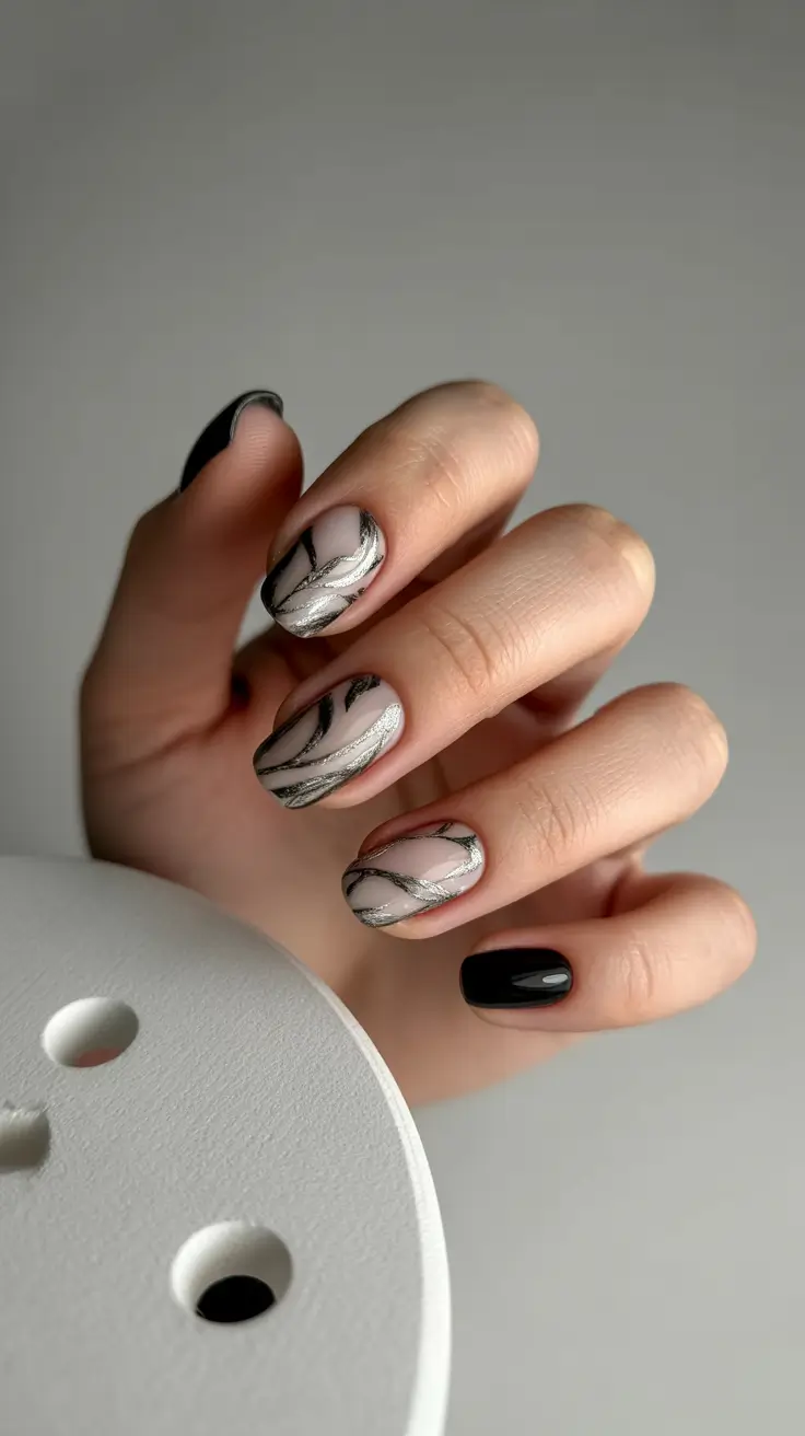 Trendy Black Nail Ideas for Christmas 2025 Metallic Marble Flow