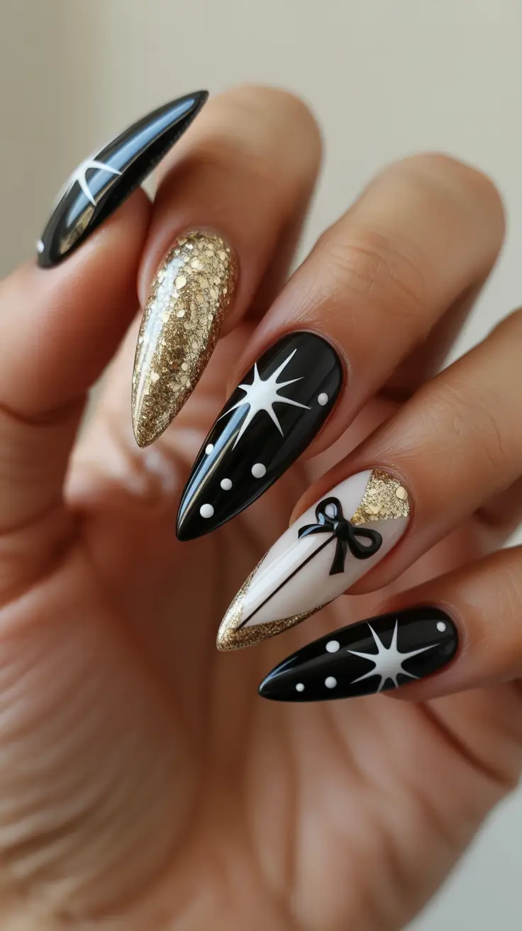 Trendy Black Nail Ideas for Christmas 2025 Gilded Gift Glam