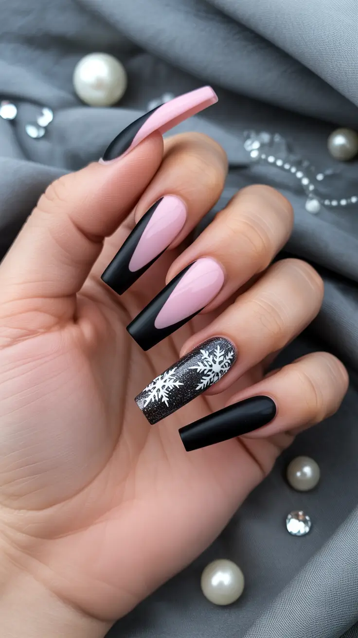 Trendy Black Nail Ideas for Christmas 2025 Frosted Pink Contrast