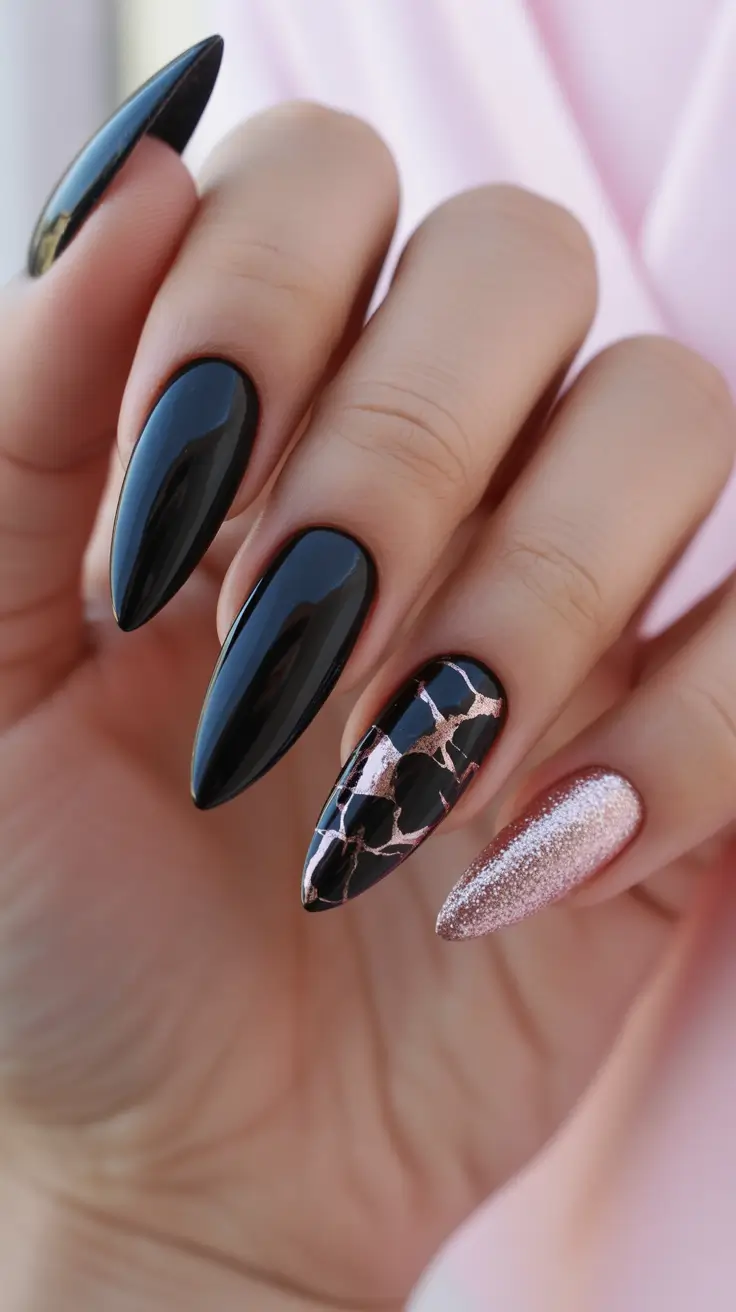 Trendy Black Nail Ideas for Christmas 2025 Rose Gold Marble Luxe
