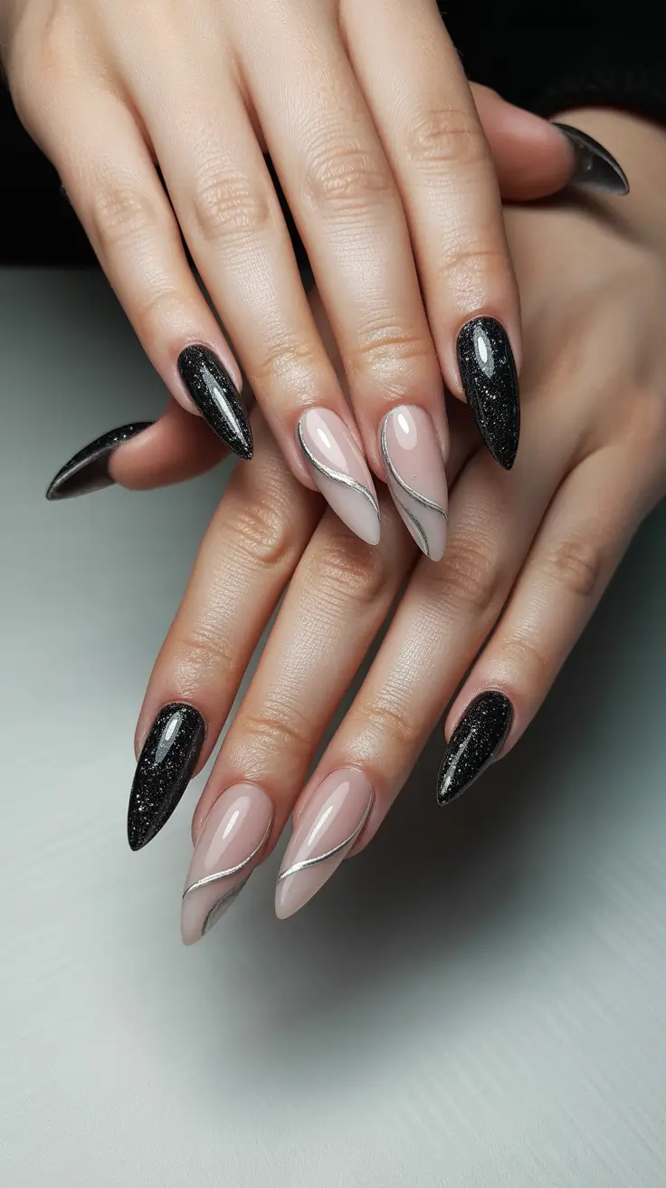 Trendy Black Nail Ideas for Christmas 2025 Smoky Waves Dual-Tone