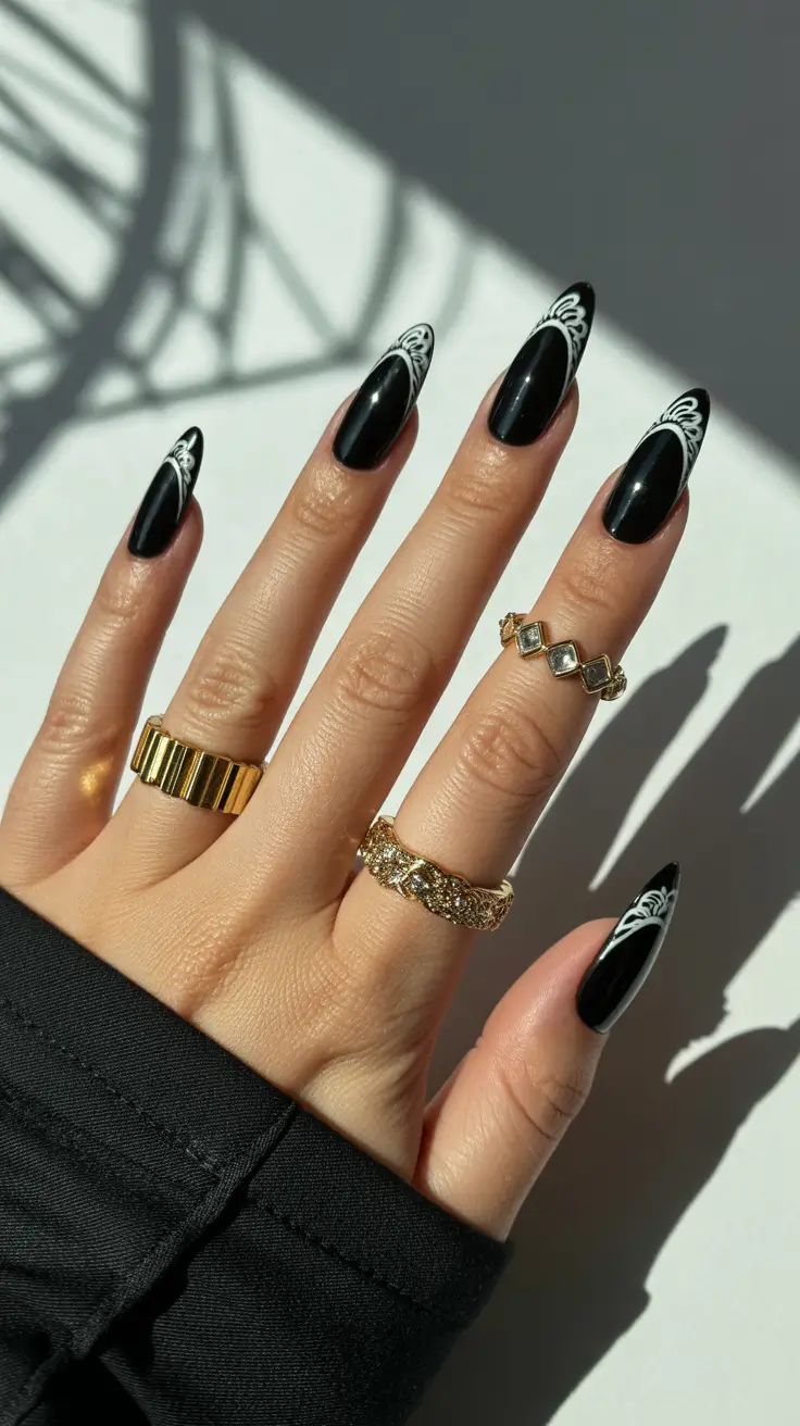 Trendy Black Nail Ideas for Christmas 2025 Lace-Tipped Noir