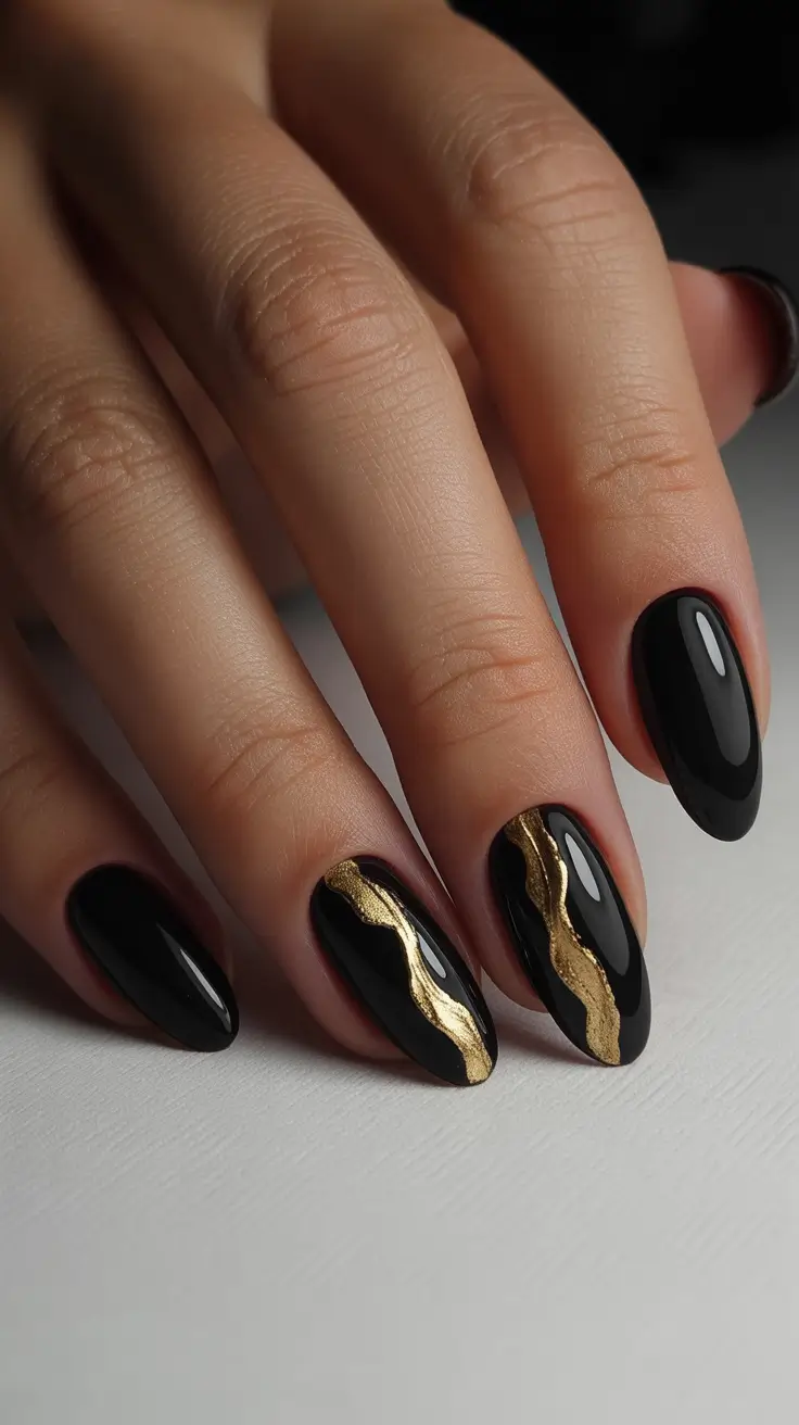 Trendy Black Nail Ideas for Christmas 2025 Golden Veins of Glamour
