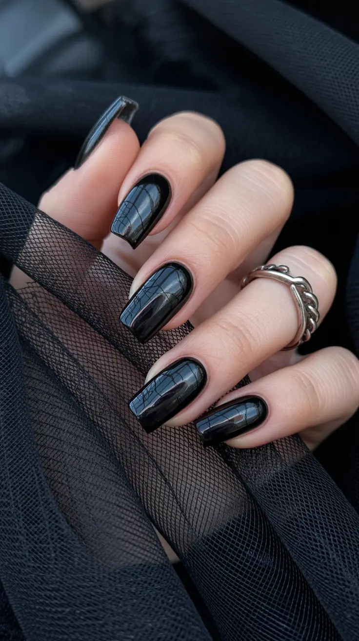 Trendy Black Nail Ideas for Christmas 2025 Classic Gloss Obsidian
