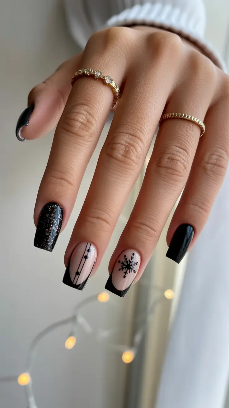 Trendy Black Nail Ideas for Christmas 2025 Snowflake Symphony