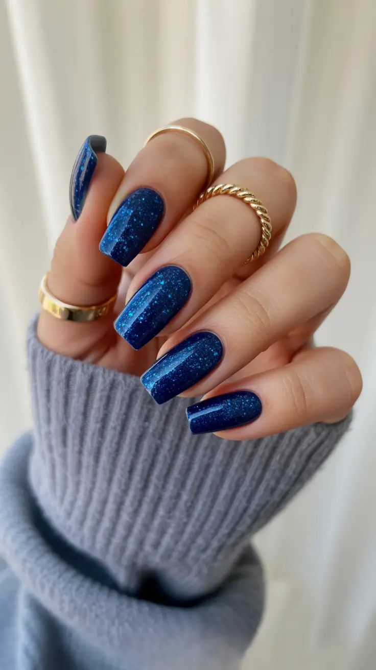 Trendy Blue Winter Nail Looks 2025-2026 - Midnight Square Sparkle