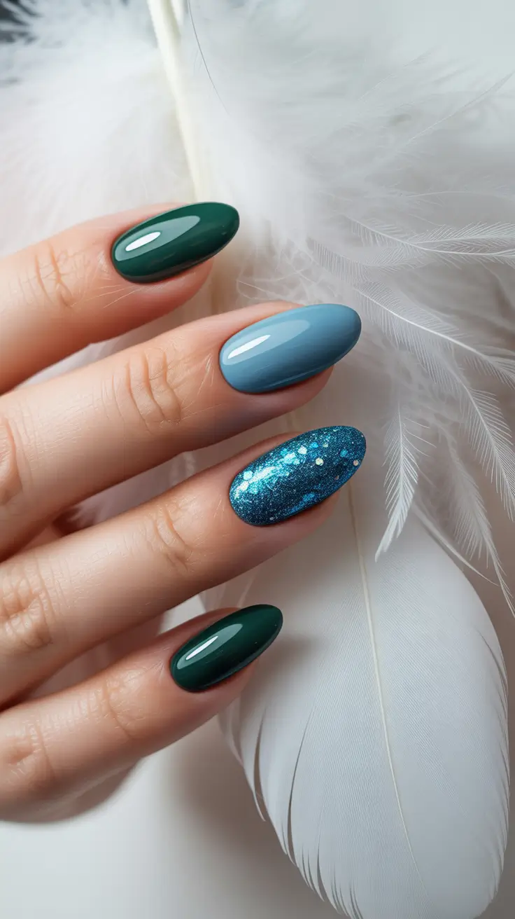 Trendy Blue Winter Nail Looks 2025-2026 - Deep Green Meets Blue Sparkle