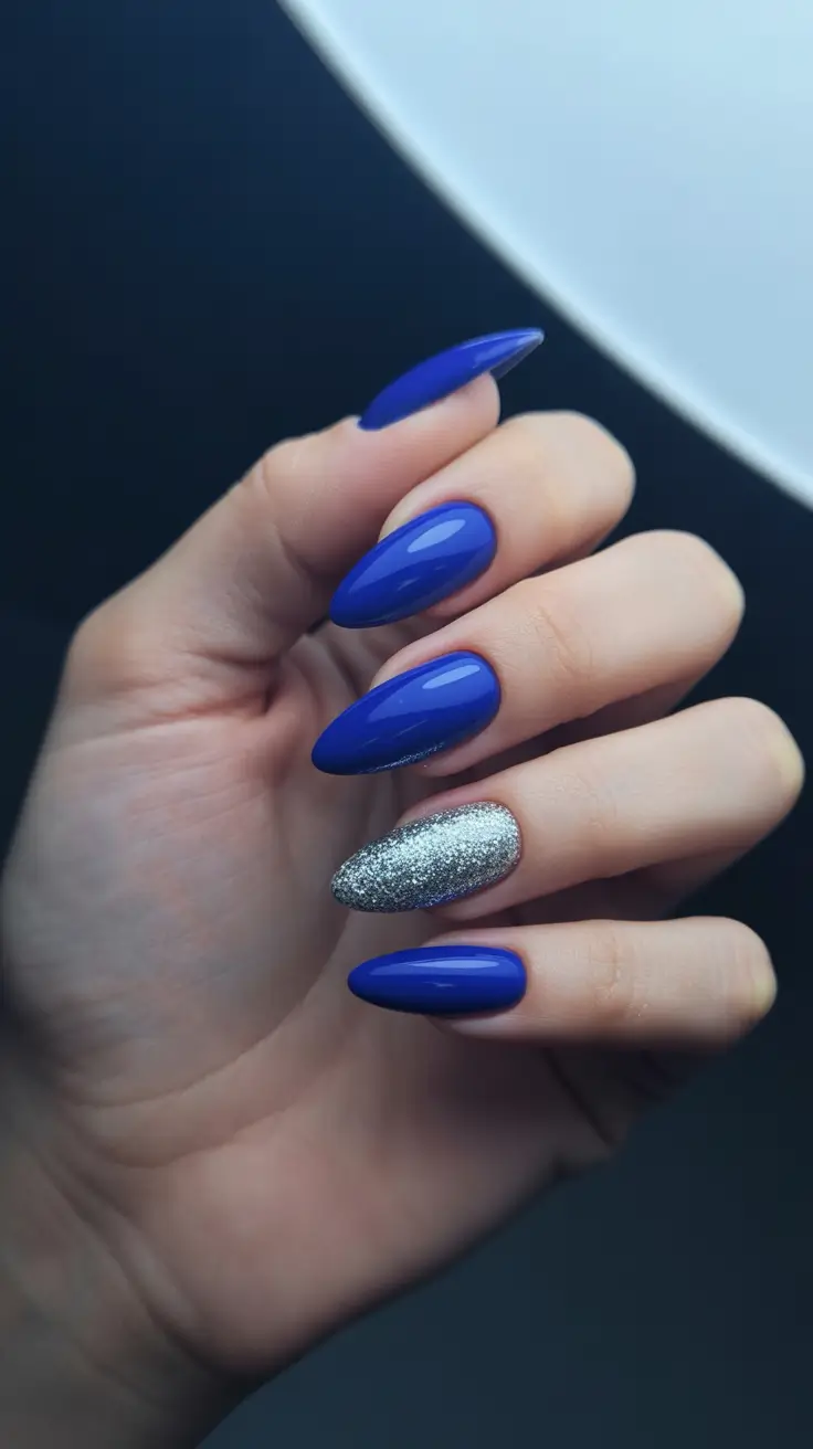 Trendy Blue Winter Nail Looks 2025-2026 - Royal Blue with Silver Accent