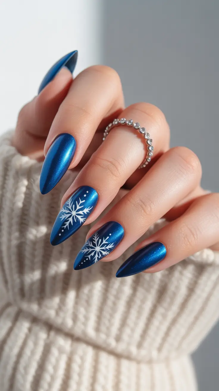 Trendy Blue Winter Nail Looks 2025-2026 - Snowflakes on Metallic Blue