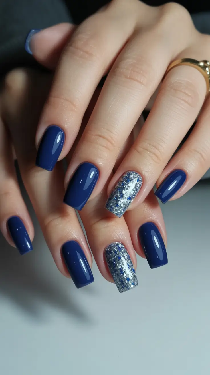 Trendy Blue Winter Nail Looks 2025-2026 - Navy with Glitter Accent