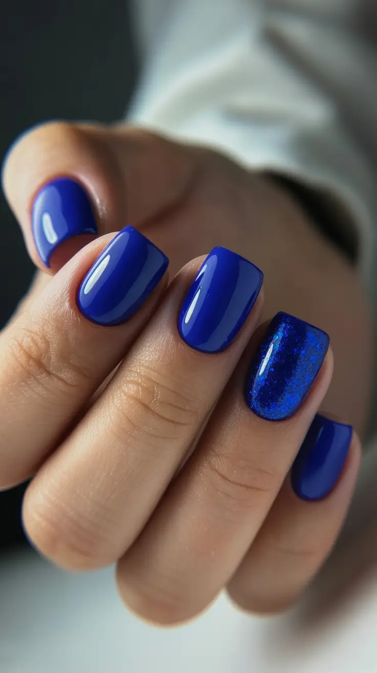 Trendy Blue Winter Nail Looks 2025-2026 - Royal Blue Spark with Short Shape
