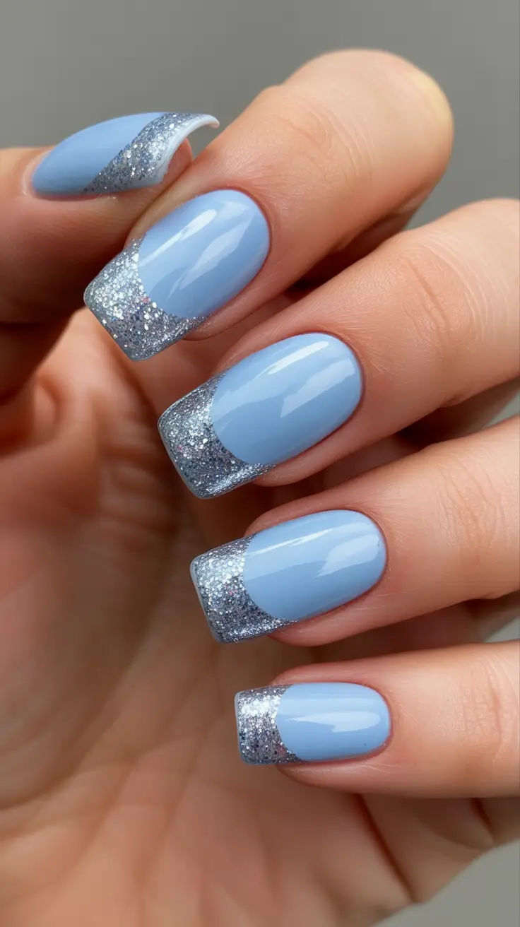 Trendy Blue Winter Nail Looks 2025-2026 - Icy French with Glitter Tips