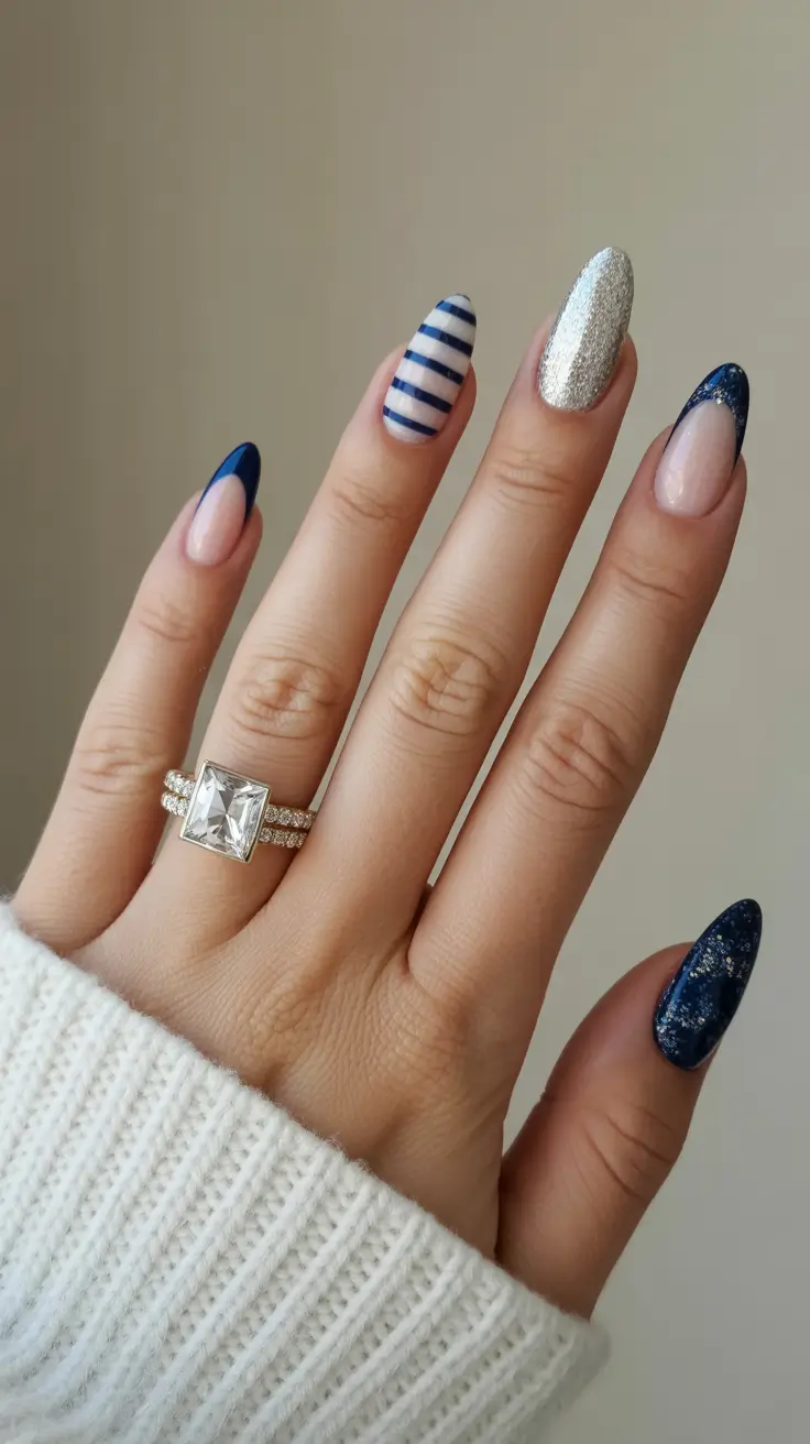 Trendy Blue Winter Nail Looks 2025-2026 - Striped Frost Mix