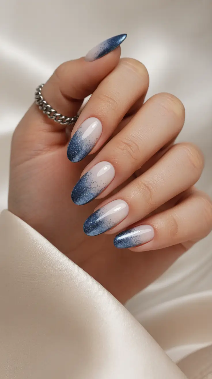 Trendy Blue Winter Nail Looks 2025-2026 - Icy Glitter Fade