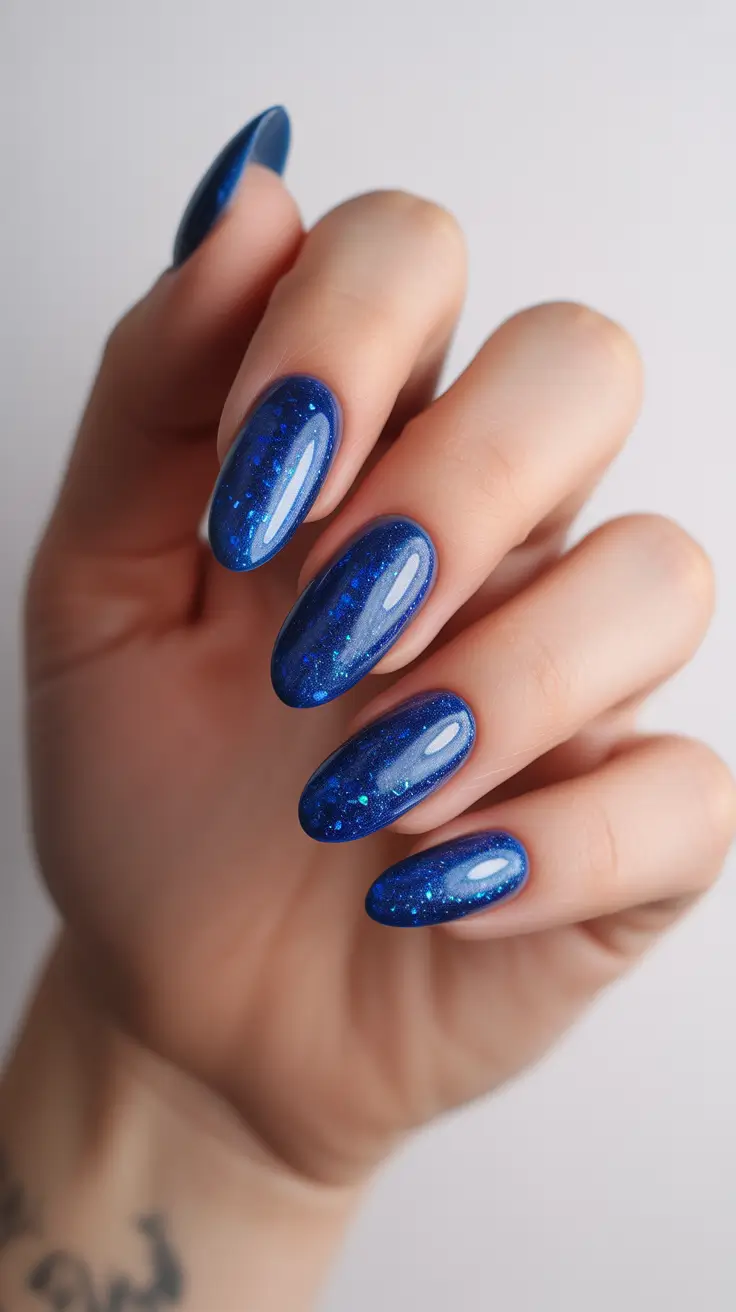 Trendy Blue Winter Nail Looks 2025-2026 - Royal Sparkle Almond