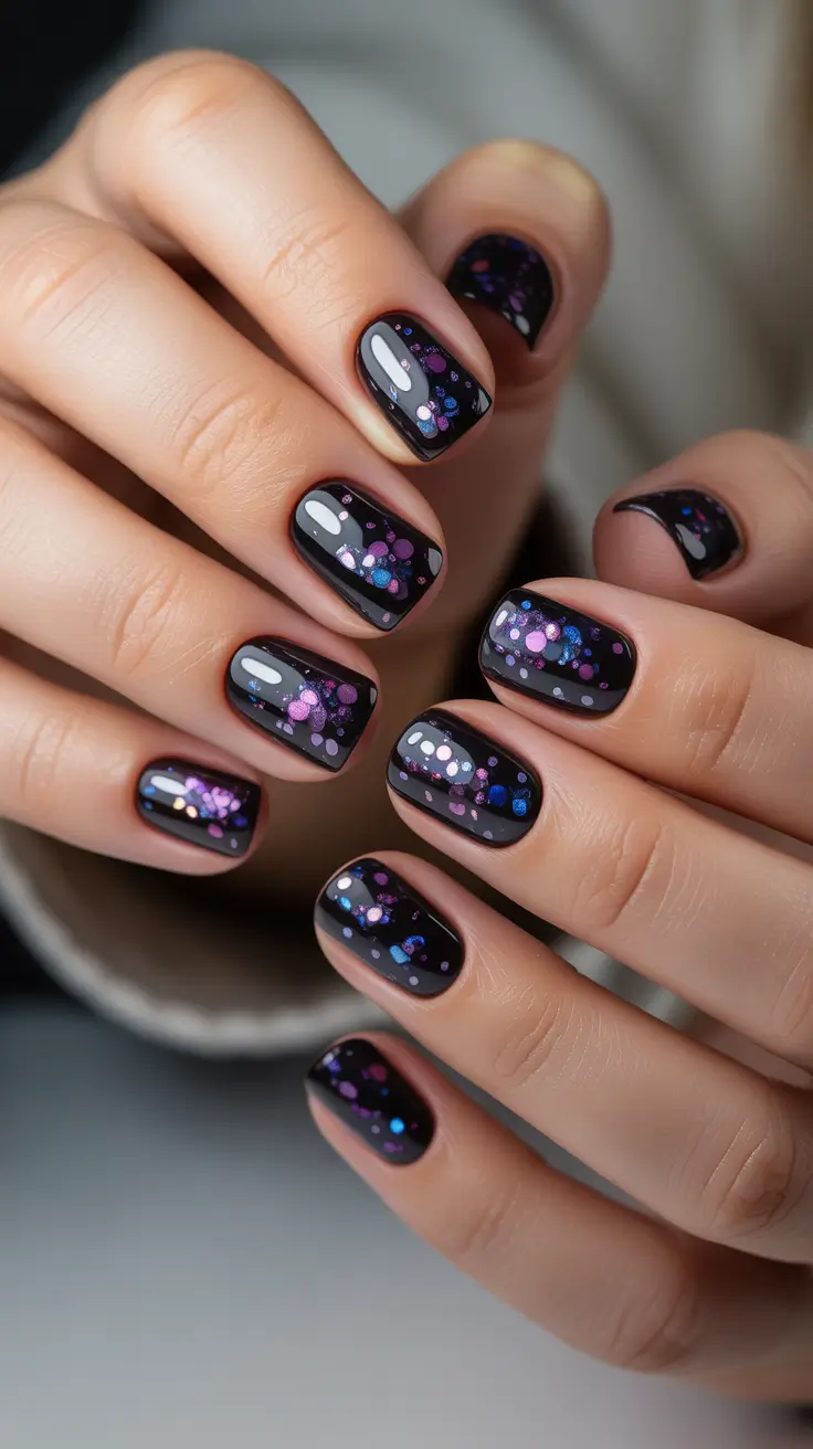 Trendy Dark Nails Winter 2025-2026 Galactic Sparkle on Midnight