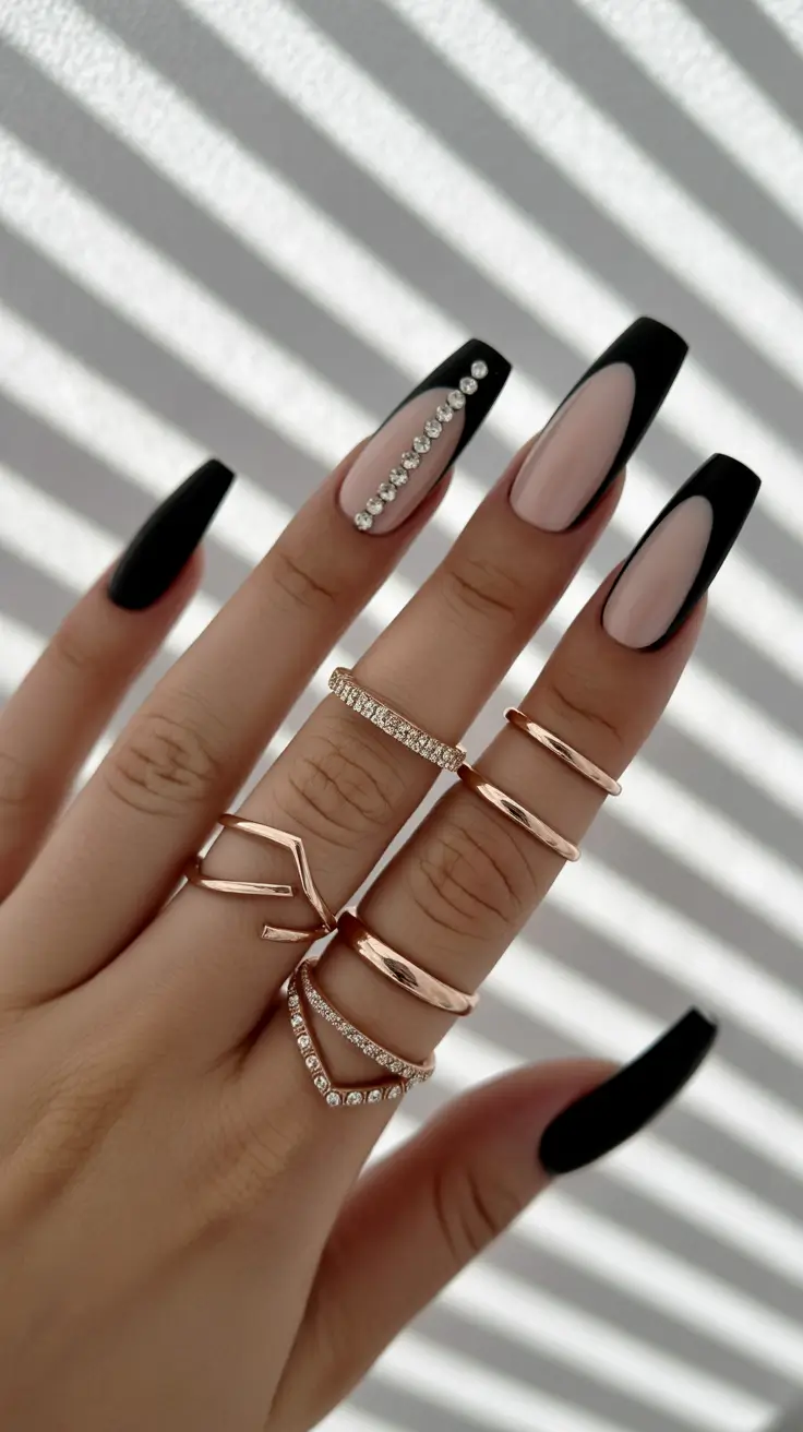 Trendy Dark Nails Winter 2025-2026 Negative Space with Crystal Line