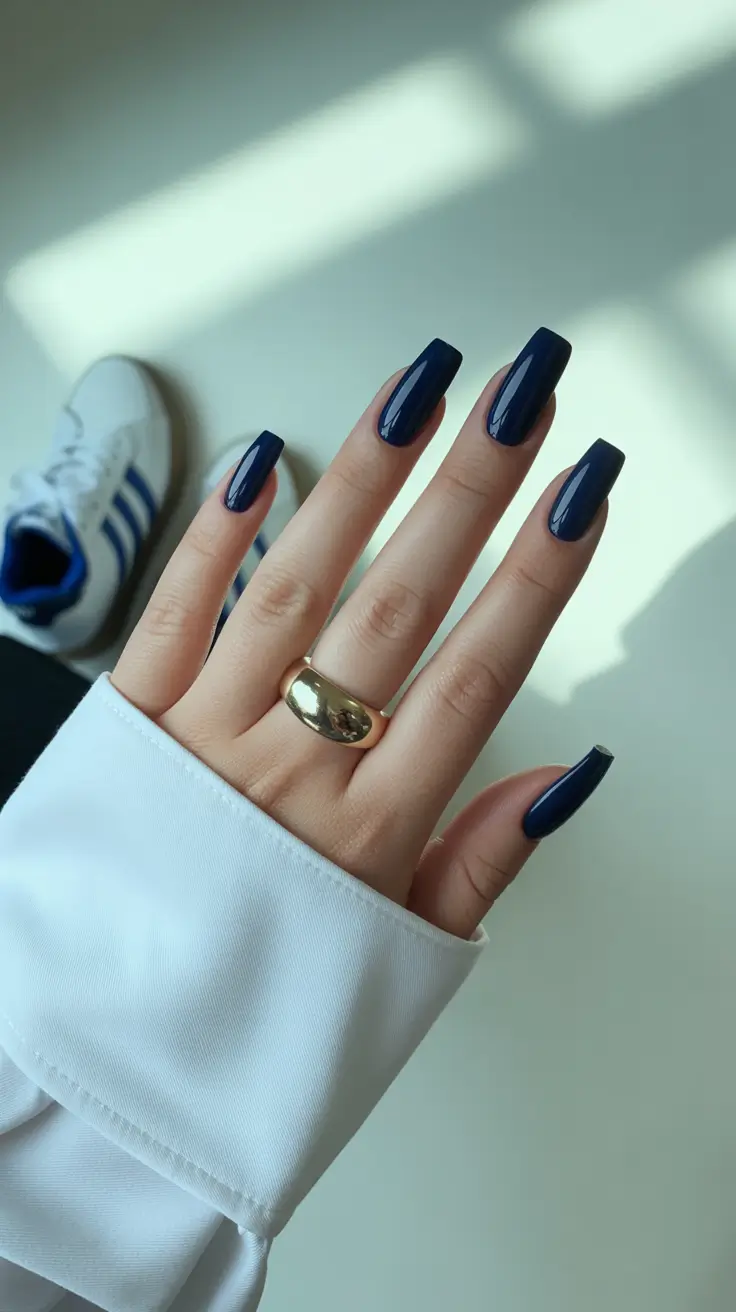 Trendy Dark Nails Winter 2025-2026 Midnight Blue Coffin Gloss