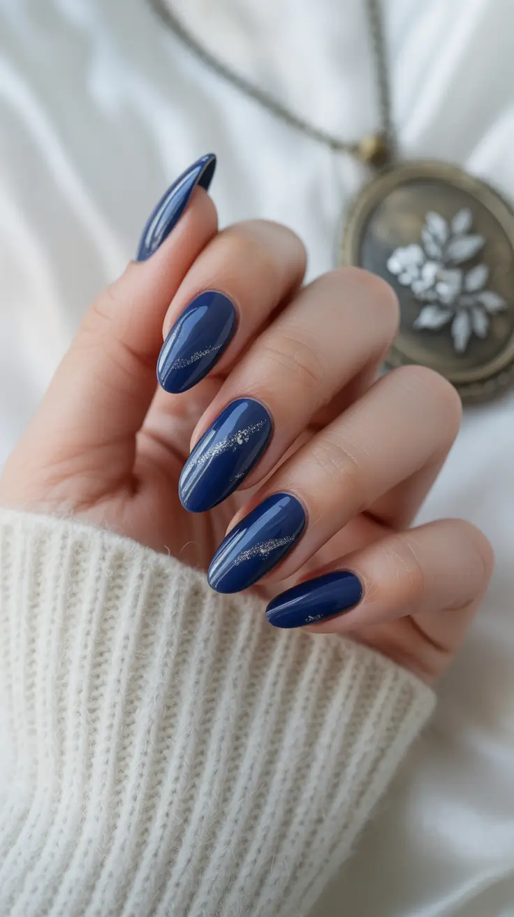 Trendy Dark Nails Winter 2025-2026 Blue Almond Elegance with Silver Streaks