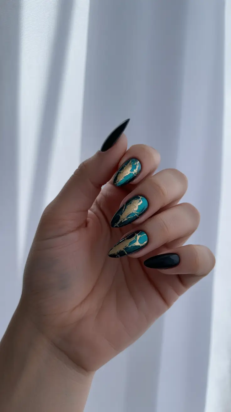 Trendy Dark Nails Winter 2025-2026 Emerald Marble with Gold Veins