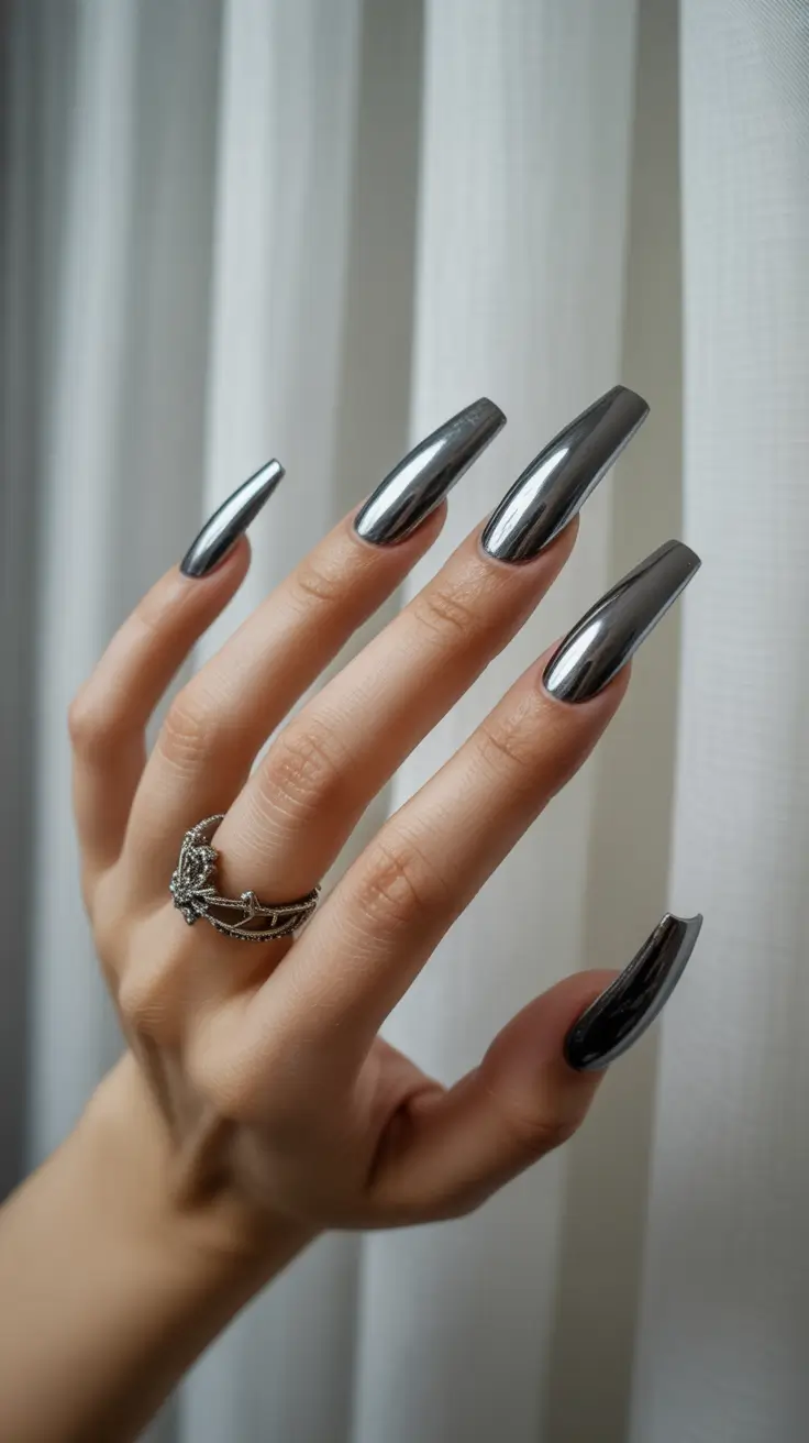 Trendy Dark Nails Winter 2025-2026 Liquid Silver Chrome