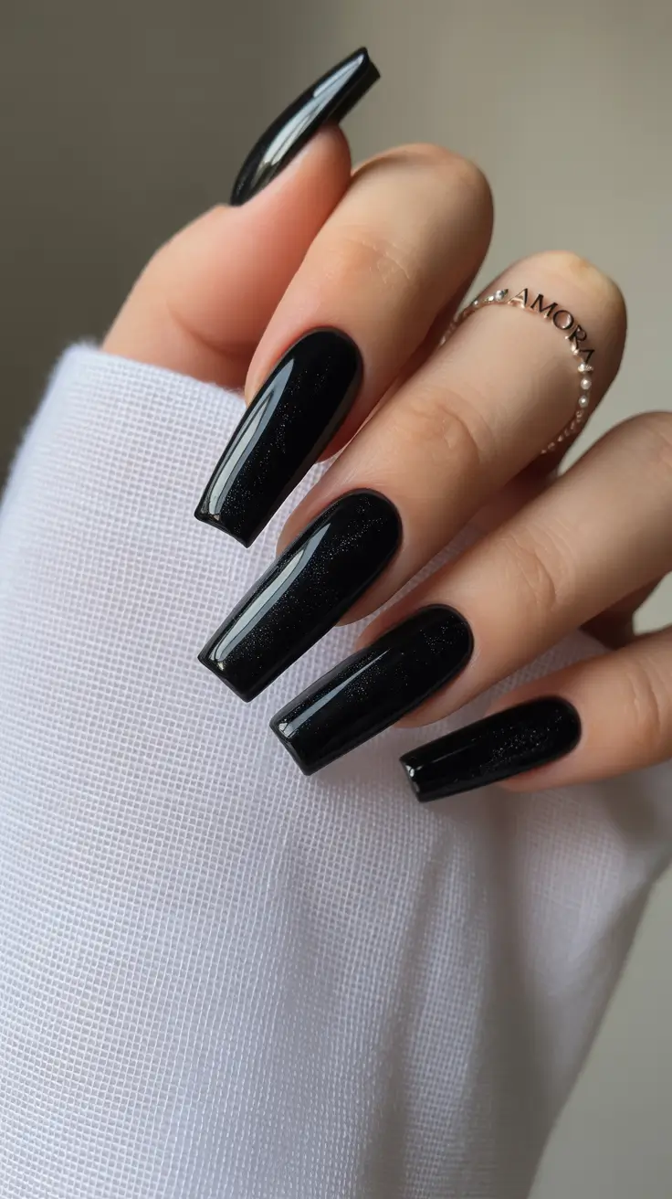Trendy Dark Nails Winter 2025-2026 Coffin-Shaped Gloss With a Hint of Shimmer