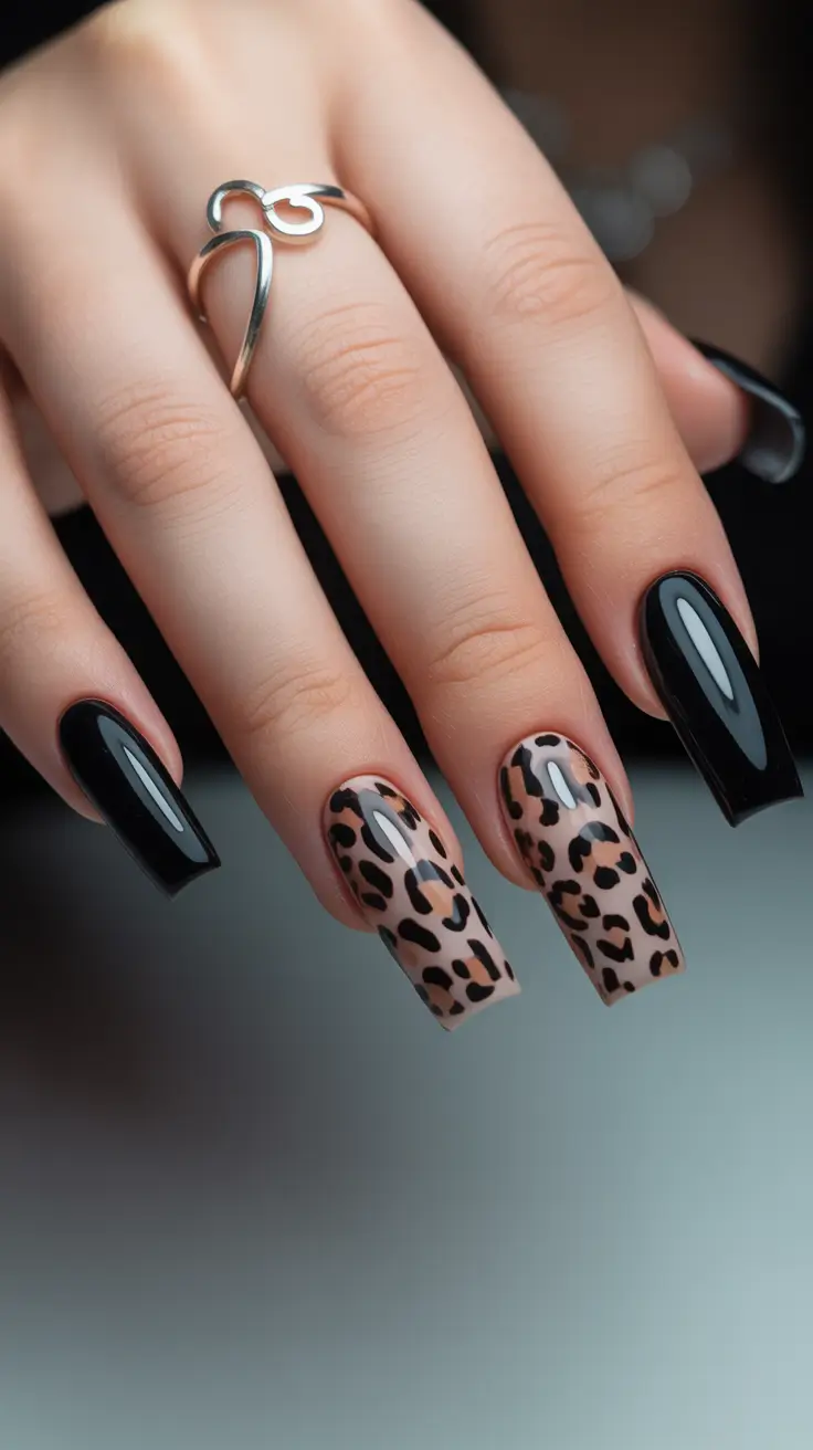 Trendy Dark Nails Winter 2025-2026 Leopard Accent With Black Polish